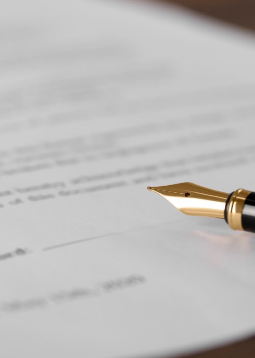 Fountain pen and document with place for signature on wooden table, closeup and space for text. Notary contract